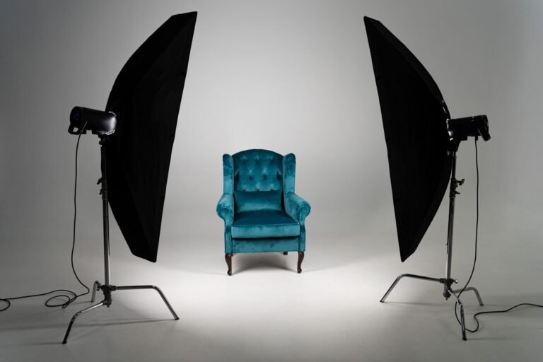 Interview chair lit between two softboxes
