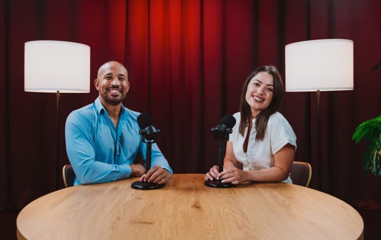 Two-person podcast at a round table