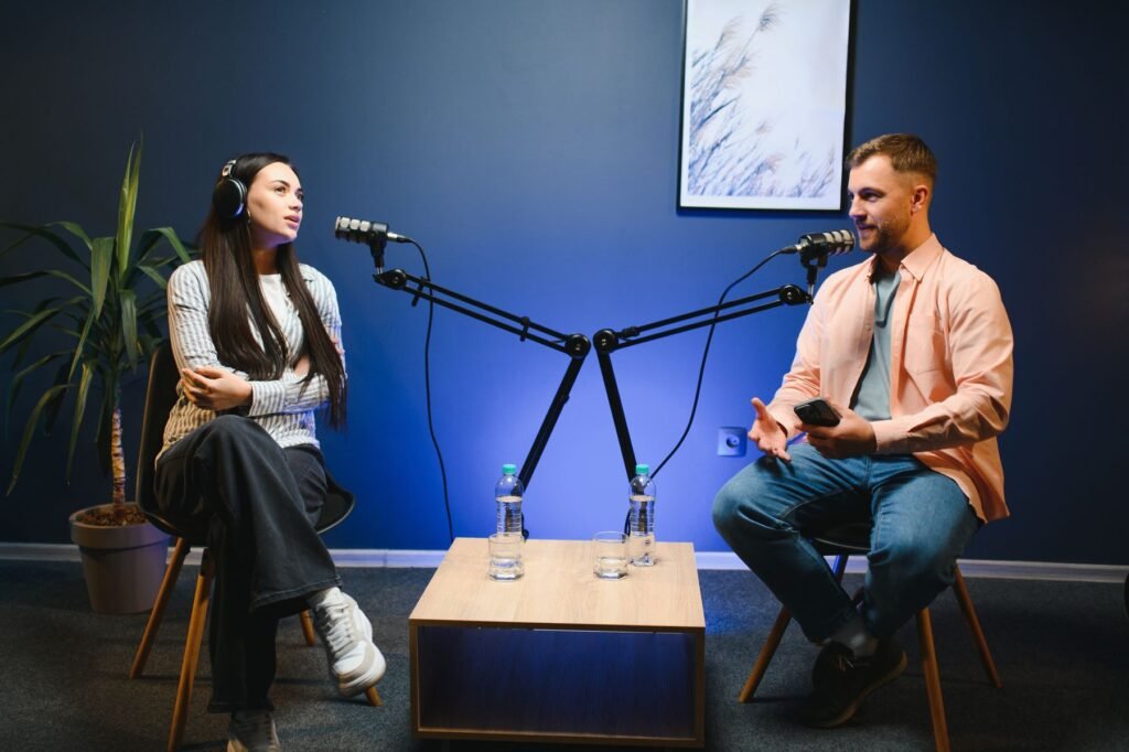 Two-person podcast with boom mics